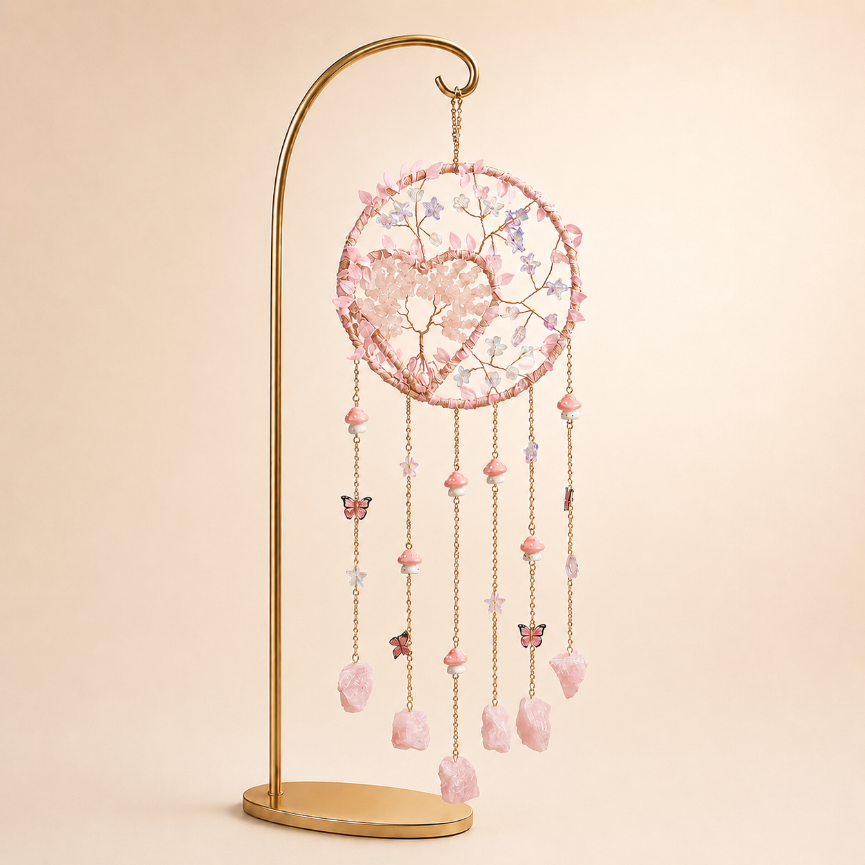 Rose Quartz Heart Tree of Life Wind Chime