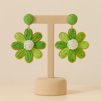 Green Woven Flower Drop Earring
