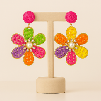 Multi Color Woven Flower Drop Earring