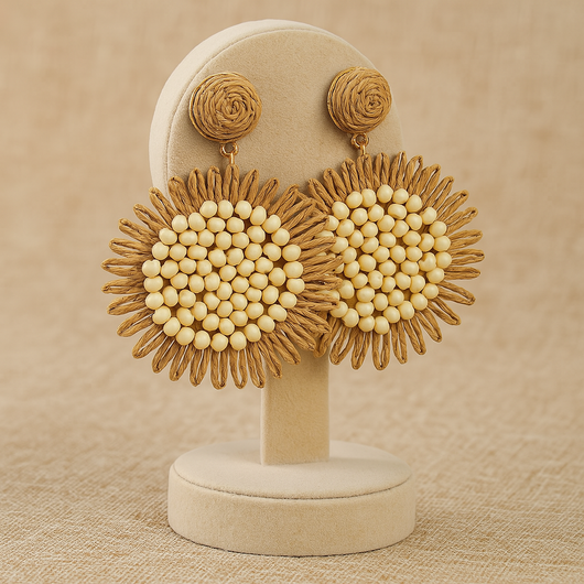 Khaki Rattan Flower Earrings