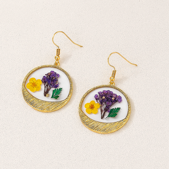 Purple/Yellow Flower Inlay Circle Drop Earring