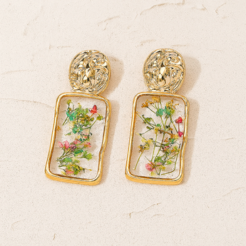 Rectangular Flower Inlay Drop Earring