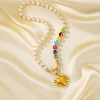 Pearl Statement Necklace with Flaming Heart Charm