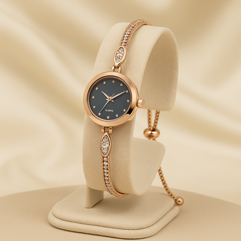 Rose Gold Black Adjustable Rhinestone Quartz Watch