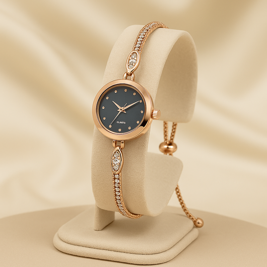 Rose Gold Black Adjustable Rhinestone Quartz Watch