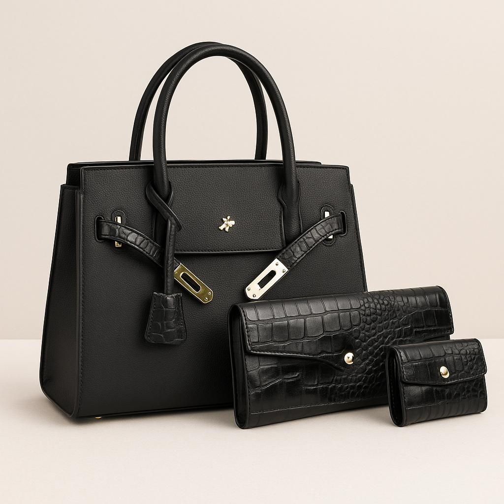 Black Elegant Square Zipper Bag with Wallet Set