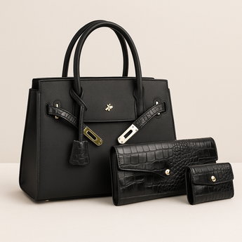 Black Elegant Square Zipper Bag with Wallet Set