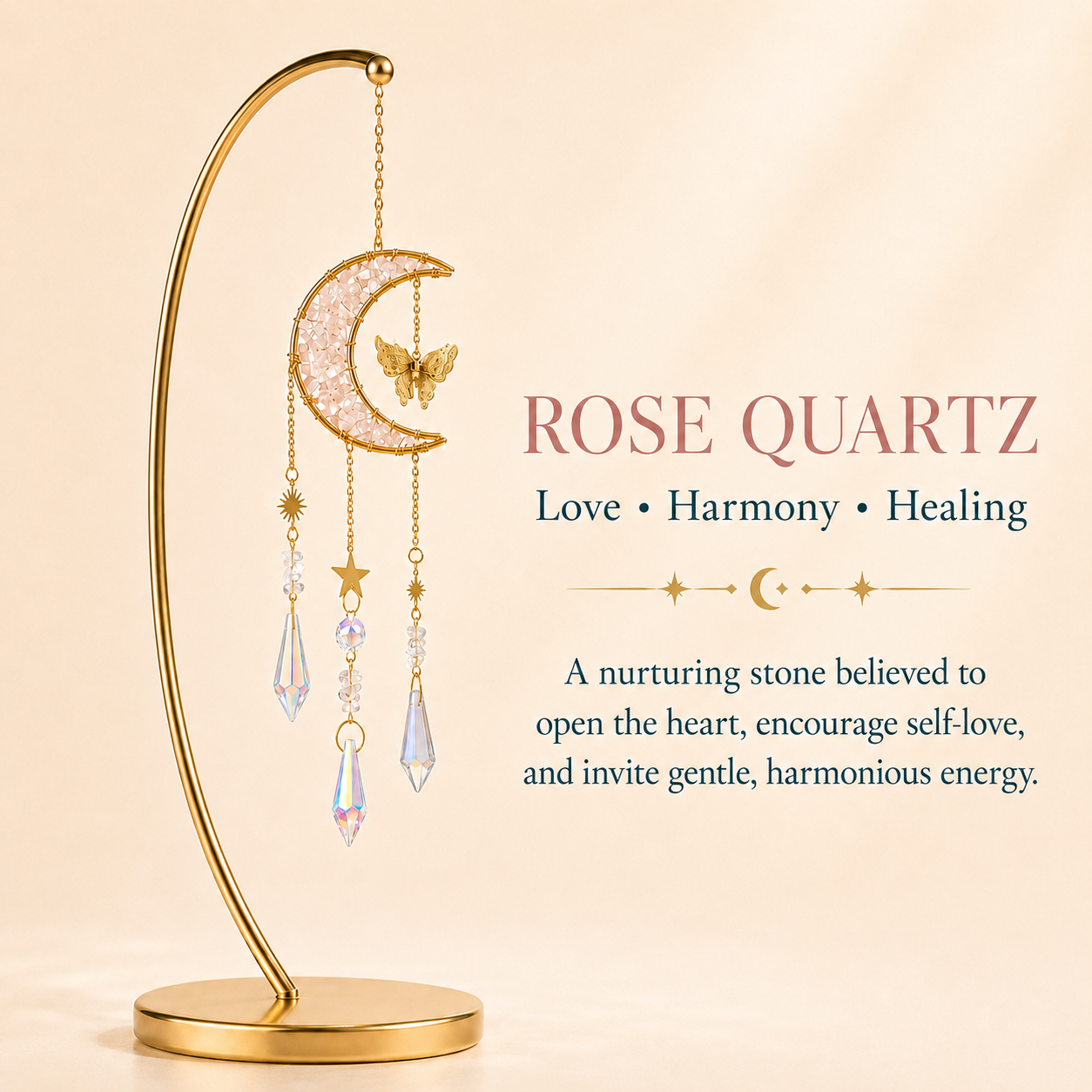 Rose Quartz Crystal Crescent Moon Wind Chime