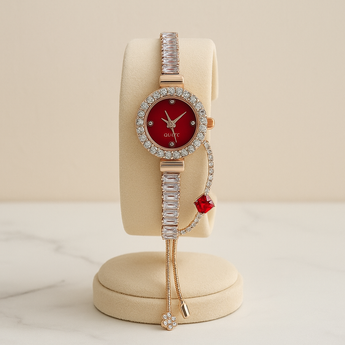 Red Rhinestone Quartz Adjustable Watch