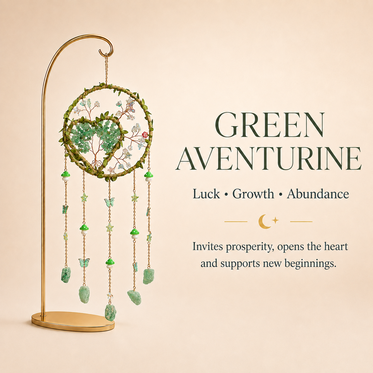 Green Aventurine Heart Tree of Life Wind Chime