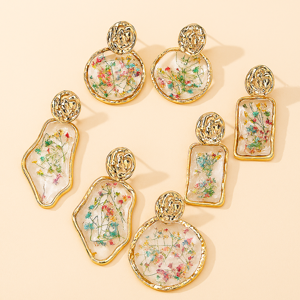 Rectangular Flower Inlay Drop Earring