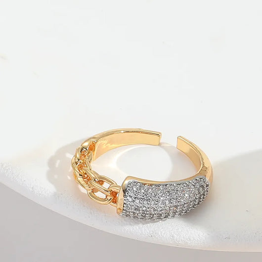 Rhinestone Color Block Chain Adjustable Ring