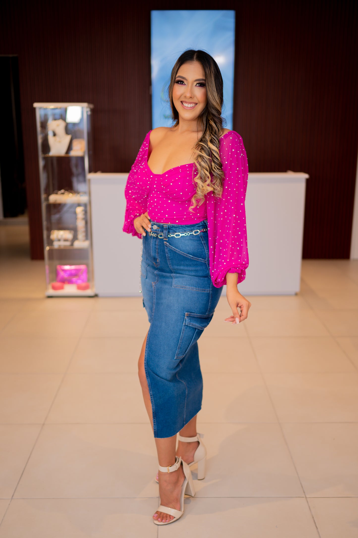 Magenta Rhinestone Mesh Long Sleeve Blouse