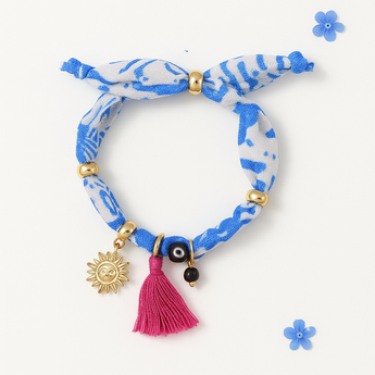 Blue Silk Scarf Bracelet with Sun Charm