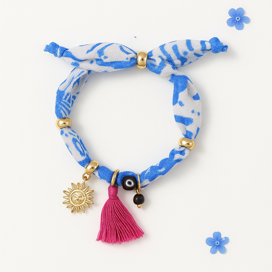 Blue Silk Scarf Bracelet with Sun Charm