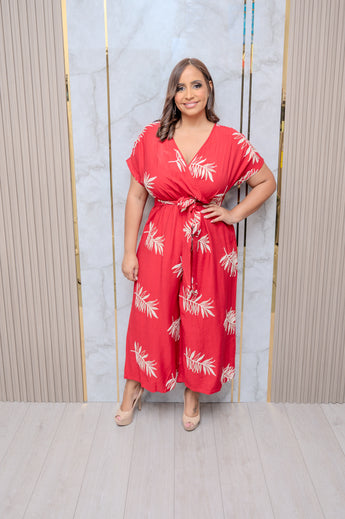 Red Leaf Print Wrap Jumpsuit Jumper