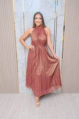 Burgundy Halter Pleated Midi Dress
