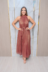 Burgundy Halter Pleated Midi Dress