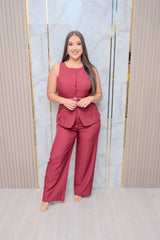 Burgundy Belted Vest and Pant Set
