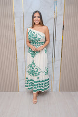 Green Damask One Shoulder Maxi Dress