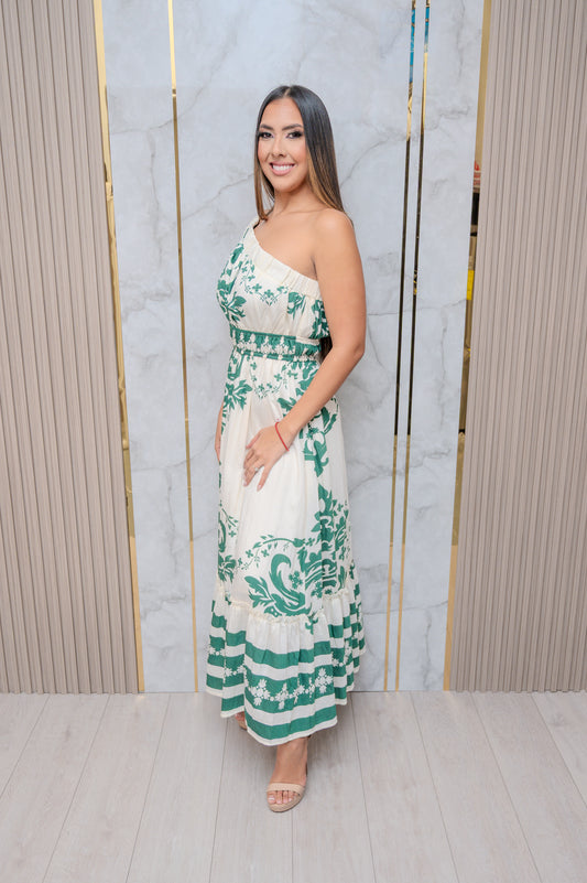 Green Damask One Shoulder Maxi Dress