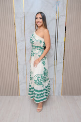 Green Damask One Shoulder Maxi Dress