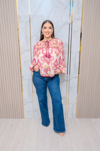 Ivory/Pink Printed Long Sleeve Blouse