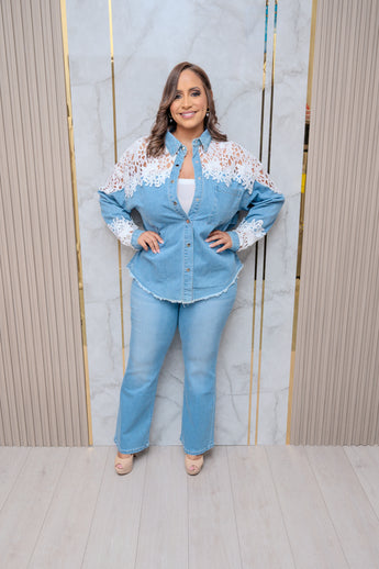 Denim and Lace Button Down Blouse