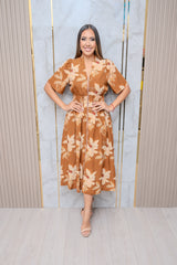 Caramel Tropical Front Zipper Midi Dress