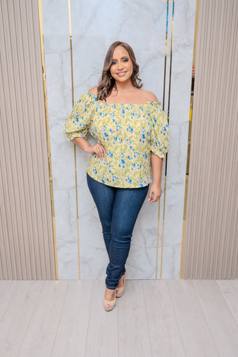 Green Floral Off Shoulder Top