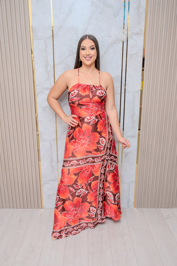 Red Floral Halter Printed Maxi Dress