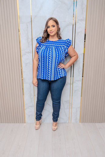 Blue Printed Ruffle Sleeve Top