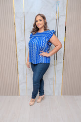 Blue Printed Ruffle Sleeve Top