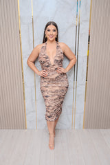 Leopard Print Mesh Ruched Midi Dress