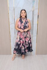 Black Halter Floral Midi Dress