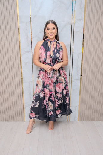Black Halter Floral Midi Dress
