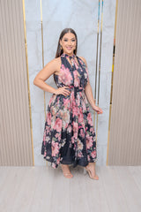 Black Halter Floral Midi Dress