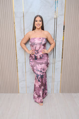 Plum Mesh Floral Tube Maxi Dress
