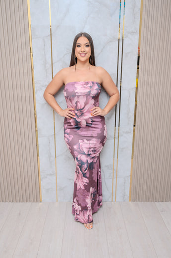 Plum Mesh Floral Tube Maxi Dress