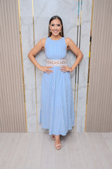 Blue/White Stripe Lace Detail Maxi Dress