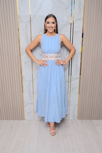 Blue/White Stripe Lace Detail Maxi Dress