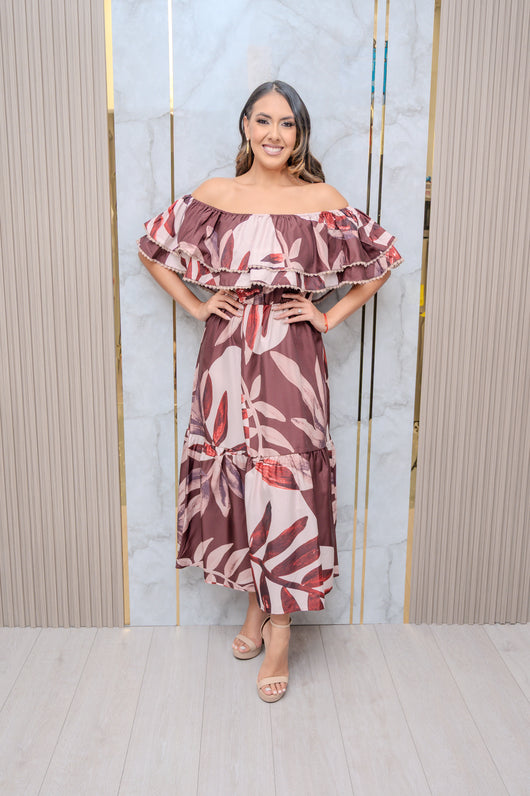 Brown Multi Off Shoulder Maxi Dress