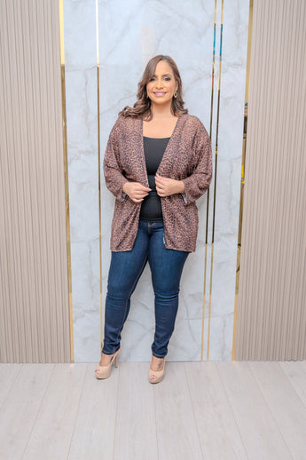 Brown Mix Mesh Print Cardigan