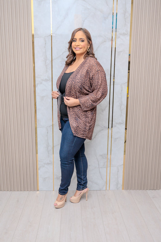 Brown Mix Mesh Print Cardigan
