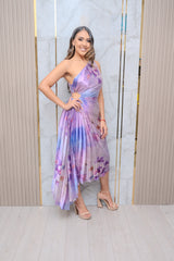 Purple One Shoulder Pleated Midi Dress