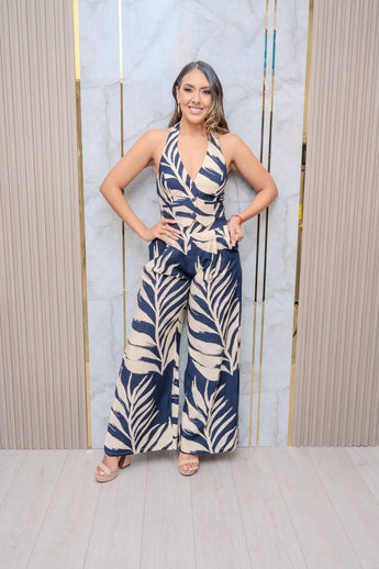 Navy Printed Vest and Pant Set