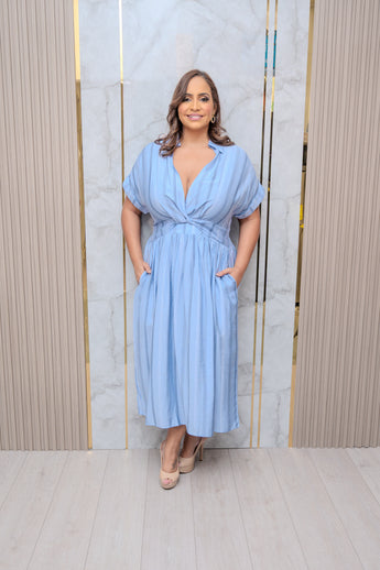 Blue Striped Short Sleeve Midi Dress