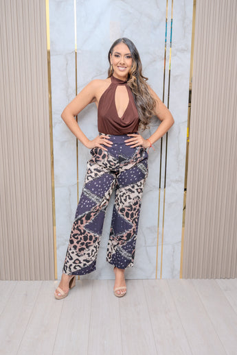 Coffee Printed Wide Leg Pants