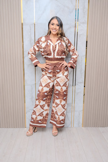 Brown Printed Top and Pant Set