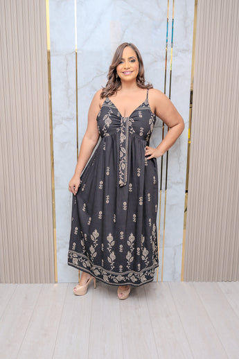 Black Boho Tie Front Maxi Dress
